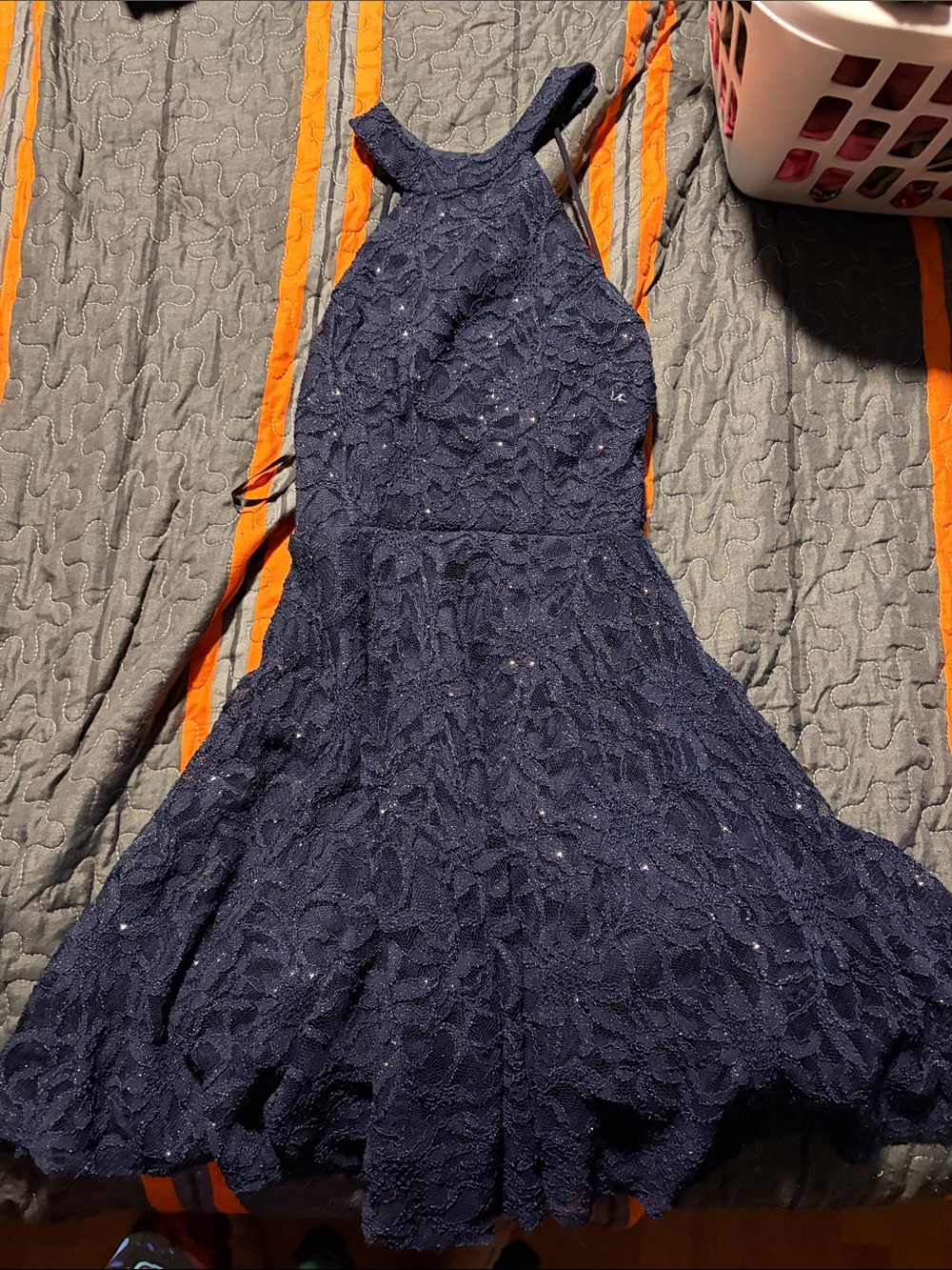 Darling Navy Lace Halter Prom Dress